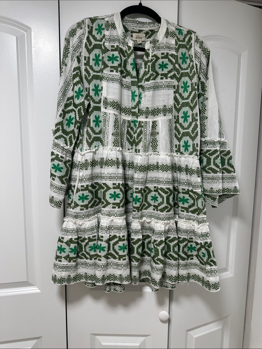 Elan White and Green Floral-Geometric Tiered Dress